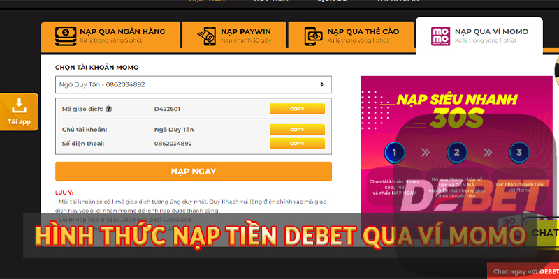 Hướng dẫn nạp tiền Debet an toàn và nhanh chóng 3 Hình thức nạp tiền Debet qua ví Momo