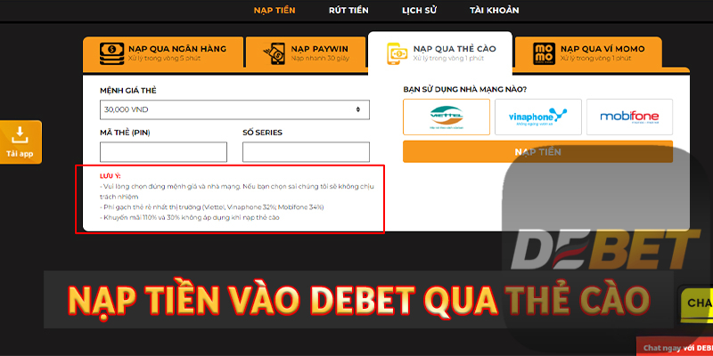 Hướng dẫn nạp tiền Debet an toàn và nhanh chóng 2 Nạp tiền vào Debet qua thẻ cào
